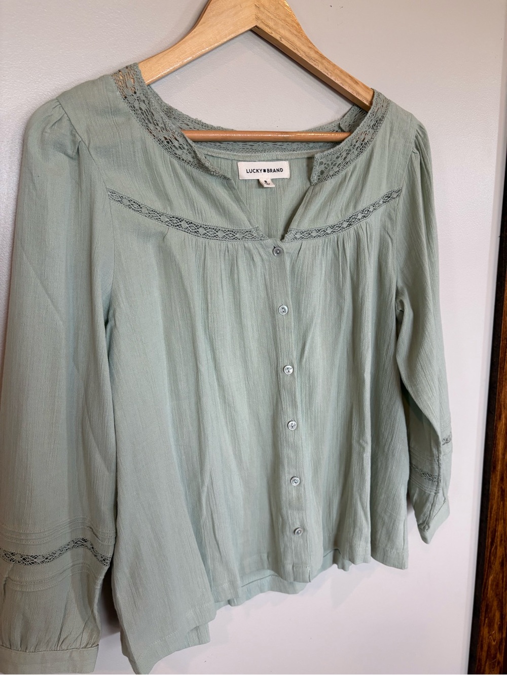 Lucky Brand Light Sage Green Button-Down Peasant Blouse